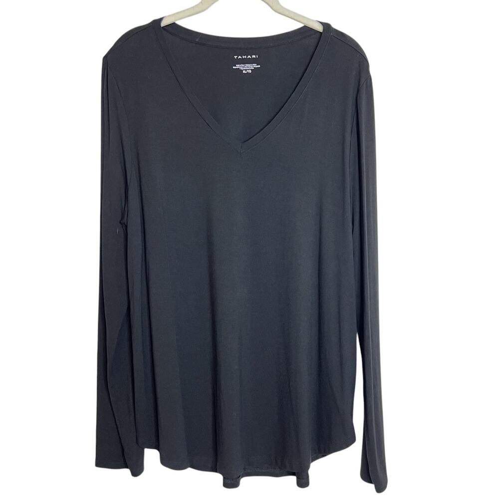 Tahari Womens Long Sleeve V-Neck Basic Black Tee XL Modal Spandex